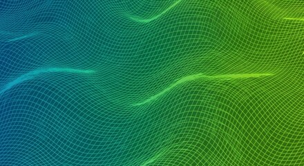 Dynamic digital wireframe mesh in vibrant blue and green gradient, creating an abstract undulating surface for modern technology and data visualization backgrounds