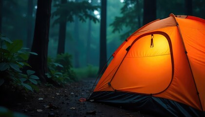 Illuminated orange tent pitched in a misty forest setting with tall trees and lush greenery around it