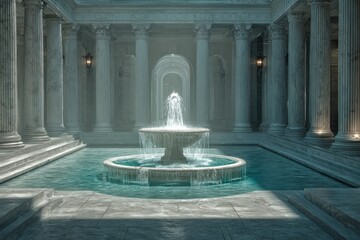 Fototapeta premium Grand Courtyard With Classical Architecture And Water Fountain In Soft Light