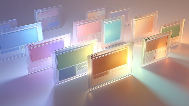 A digital art piece showcases multiple, semi-transparent website mockups floating in a soft, gradient-lit space, each with colorful content areas