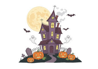 A set of 6 elements — cute haunted house, full moon, bats, ghosts, and pumpkins — cartoon illustration with white background, soft color palette, child-friendly spooky style.