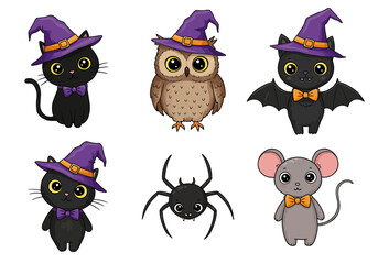 A set of 6 cartoon animals for Halloween — black cat, owl, bat, spider, and mouse — each wearing a witch hat or bow tie, cute and friendly expressions, white background.
