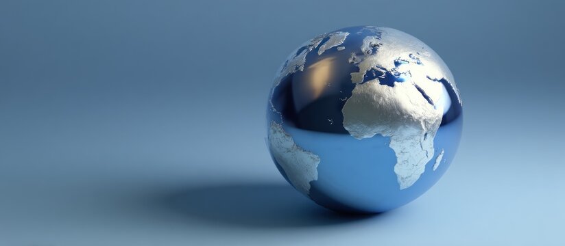 A shiny blue globe rests on a blue surface.