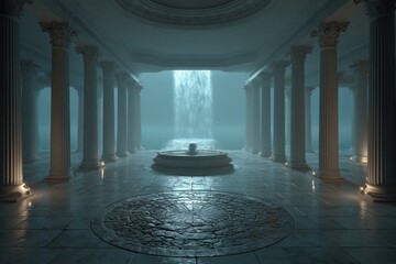 Fototapeta premium Ancient Hall With Marble Pillars Illuminated By Dramatic Waterfall Light And Mist Atmosphere
