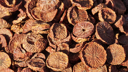 Dried and sliced betel or areca nut, indonesia, southeast asia