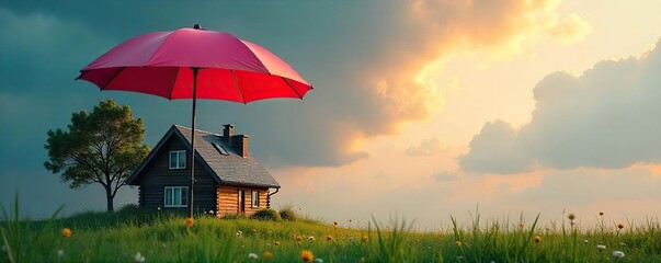 Secure Home, Peaceful Setting Insurance Protection, Tranquil House Under Umbrella