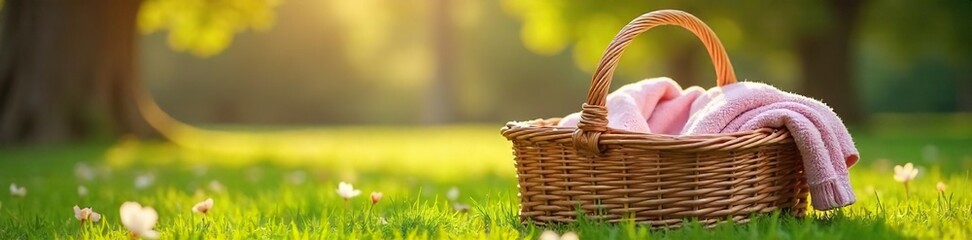 Cozy Picnic Basket Overflowing with Blanket, Ready for Romantic Getaway or Relaxing Day Outdoors