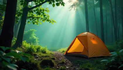 A camping adventure an orange tent nestled in a lush green forest illuminated by sun rays streaming through trees