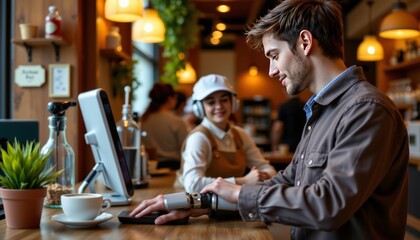 Cafe interaction with barista and customer urban coffee shop lifestyle scene warm environment engaging view social connection