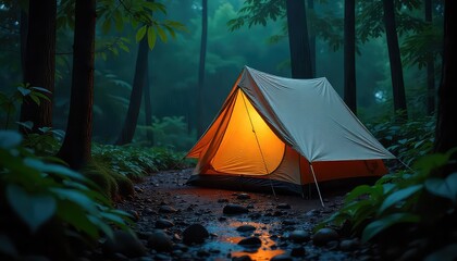 Illuminated tent glows warmly in a dense forest at night casting reflections on a rocky stream bed