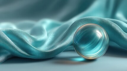Elegant Teal Silk Fabric Draped With Reflective Sphere In Soft Studio Lighting