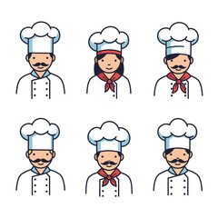 Set of six cartoon chef illustrations displaying various facial features and scarves uniforms vector on white background