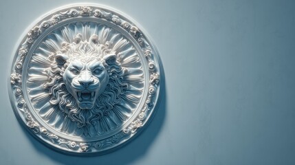 Intricate White Lion Head Bas Relief Medallion With Wheat Stalks On A Light Blue Textured Wall