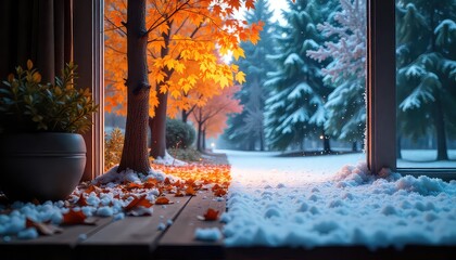 View of autumn and winter through a window with leaves and snow on the ground and trees outside