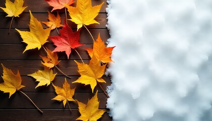 Autumn leaves and snow on a wooden surface representing the transition from fall to winter season