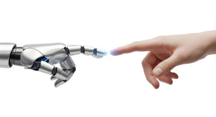 Futuristic Robot and Human Hand Collaboration — AI Innovation, Technology Trust, and Cybernetic Connection Concept on White Background