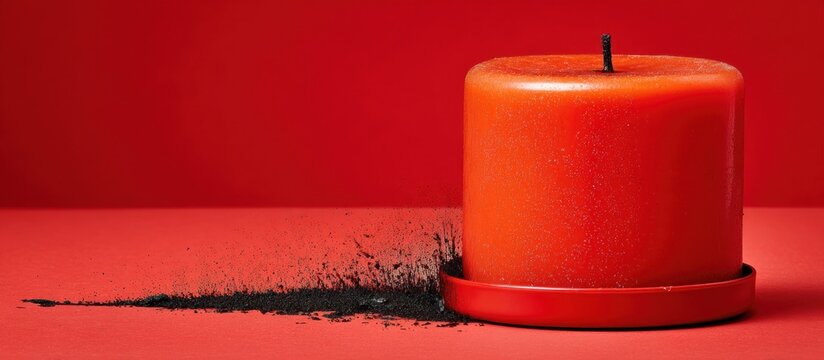 A single red candle with a pile of ash on a red surface.