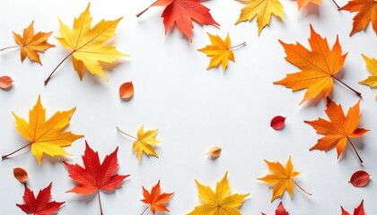 A flat lay of various autumn leaves in shades of red orange and yellow on a plain white background