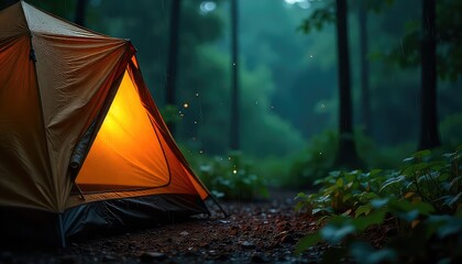 Illuminated tent glows warmly in a dark forest setting creating a sense of adventure and solitude