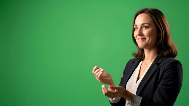 Woman clapping hands as she shows appreciation on a green screen background for chromakey footage