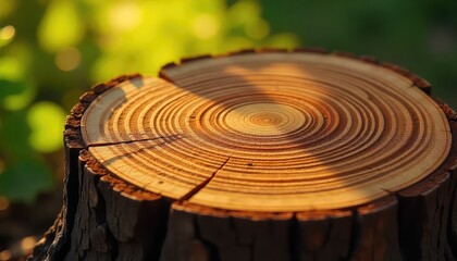 A close up of a tree stump with visible growth rings and a blurred green background in soft light