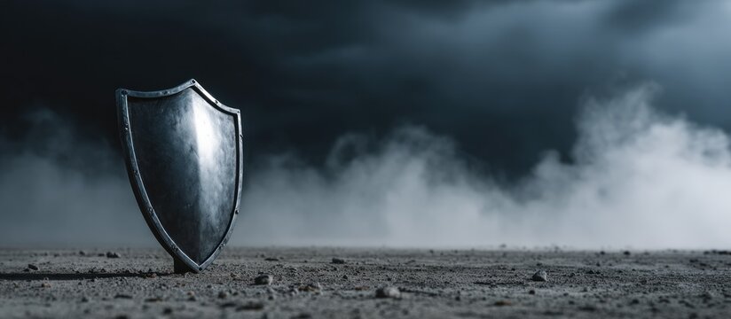 A solitary shield stands against a stormy, dark sky.