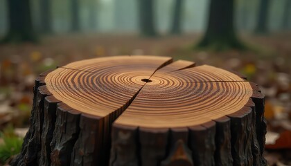 A close up of a tree stump with visible rings in a forest with blurred background of trees and leaves