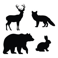 Collection of black silhouettes of majestic deer fox bear and cute rabbit wildlife creatures in natural poses silhouette © MDRaisul