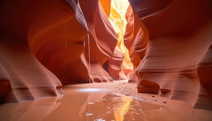 Antelope canyon with water reflecting light and sandstone formations creating a unique landscape view