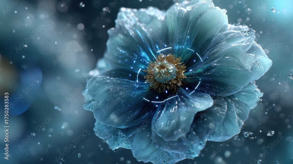 Wall mural macro view of a luminescent blue flower with intricate geometric patterns and water droplets
