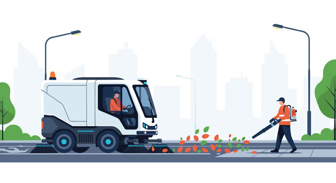 A municipal street sweeper vehicle cleans debris alongside a sidewalk with a worker using a leaf blower on an urban street.