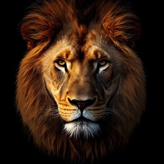 Fototapeta premium Highly detailed majestic lion portrait with intense golden eyes and rich textured mane captured against a dark background for wildlife and artistic design