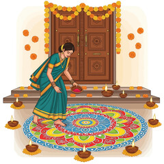 A woman in a sari creates a colorful rangoli in front of a decorated doorway with diyas.