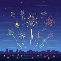 A vibrant fireworks display illuminates the night sky over a city skyline with floating diya lamps for a festival celebration.