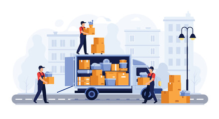 Professional movers efficiently loading boxes into a moving truck for relocation services in a cityscape.