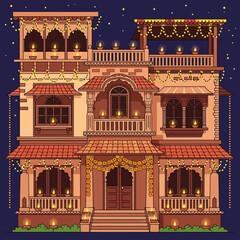 A beautifully decorated Indian house illuminated with diyas and string lights for a festival.