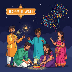 A happy Indian family celebrating the festival of Diwali at night with fireworks, sparklers, and traditional lights.