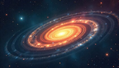 A vibrant galaxy with a bright orange center surrounded by swirling cosmic dust and distant stars
