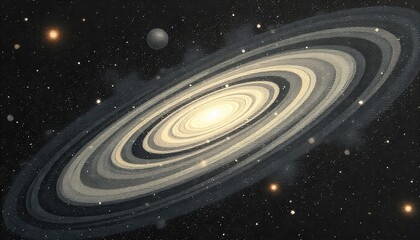 Artistic depiction of a galaxy with rings and a planet surrounded by stars in deep space view