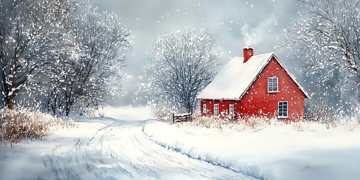 house in the snow water colour paint