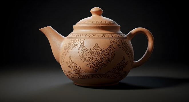 An elegant earthenware tea pot displaying rich ethnic patterns and rustic textures, perfect for tea ceremony concepts