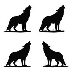 Silhouette collection of four majestic wolves howling at the moon in a quad design for artistic and thematic applications silhouette