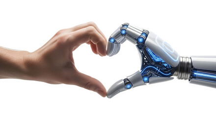 Futuristic Robot and Human Hand Collaboration &mdash; AI Innovation, Technology Trust, and Cybernetic Connection Concept on White Background