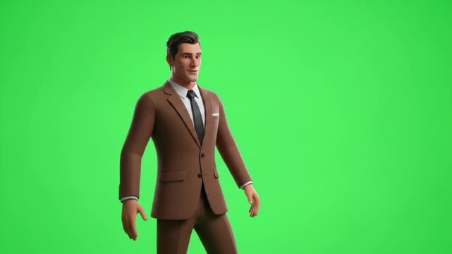 Animated Businessman in Brown Suit Gesturing Welcome on Green Screen Background. - Powered by Adobe