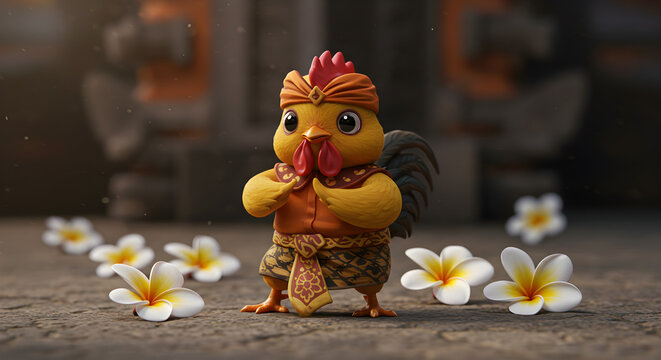 Cute 3D rooster character wearing Javanese traditional batik clothes and blangkon, posing in a welcoming greeting gesture.