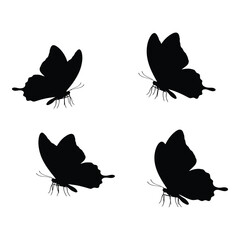 Four detailed silhouettes of black butterflies in flight capturing delicate wing patterns and antennae for artistic design projects silhouette