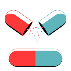 Illustration of Open and Closed Capsules, Medical Concept: Open Capsule with Plus Signs