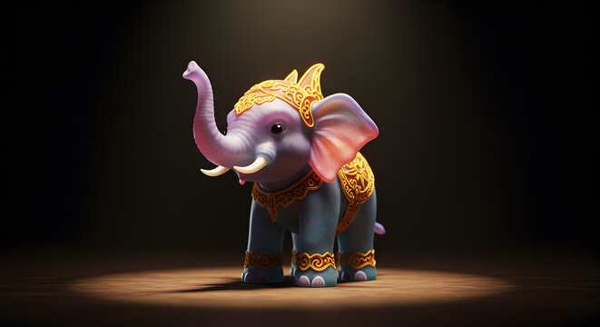Cute 3D character of a baby elephant wearing traditional Indonesian royal attire with a golden headpiece