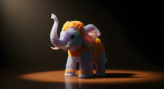 Cute 3D character of a baby elephant wearing traditional Indonesian royal attire with a golden headpiece