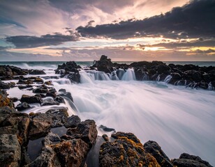Volcanic Coastal Landscape, Smooth Flowing Water, Vibrant Sunset Sky, Rocky Seascape